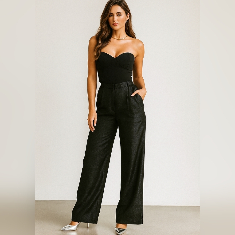 ☆Finders Keepers Black Shimmery Metallic Wide-Leg Pants☆